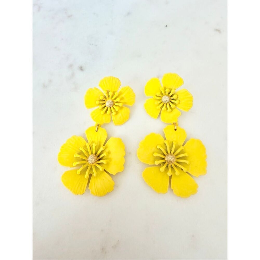 Bright Yellow Floral Statement Earrings Double Flower Drop Earrings Gold Tone